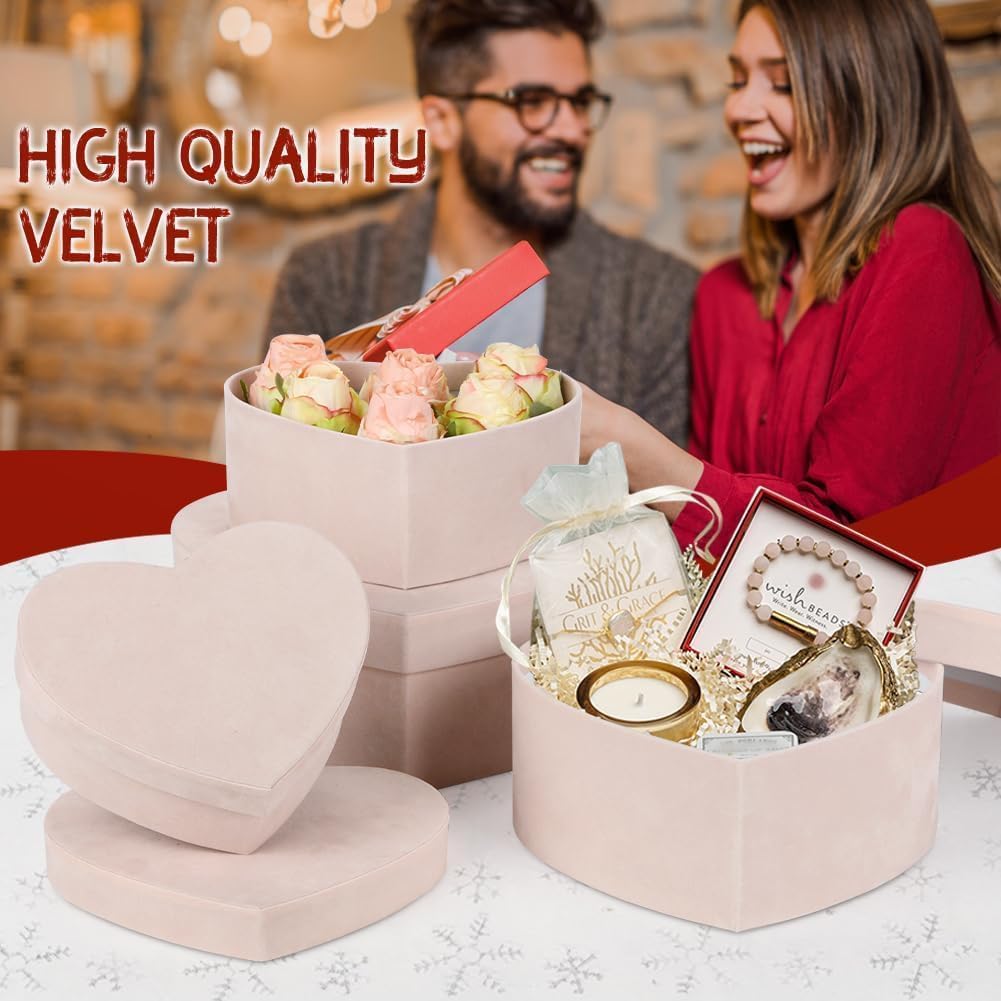 Heart Shaped Gift Boxes with Lids for Presents Set of 4 Light Pink Velvet Nesting Gifts Box for Arrangements Flowers Wedding Birthday Valentines Bridesmaid Christmas Party Anniversary