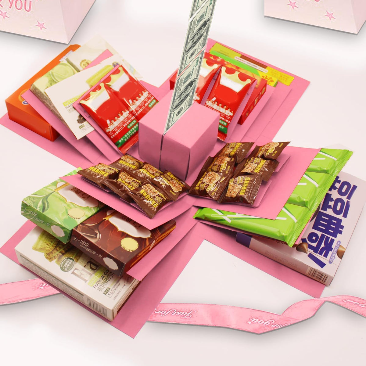 5-Layer creative explosion gift box, gift wrap box (Pink, Square)