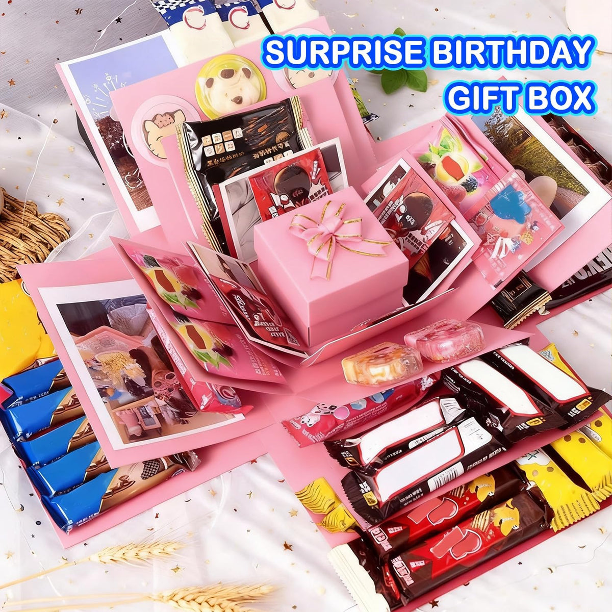 5-Layer creative explosion gift box, gift wrap box (Pink, Square)