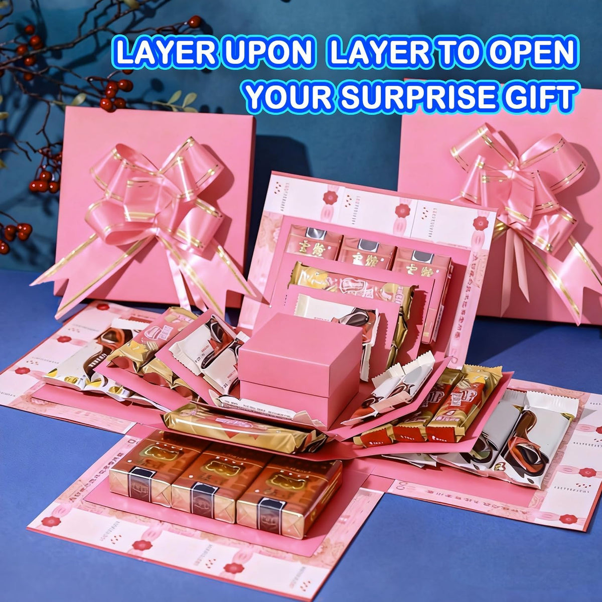 5-Layer creative explosion gift box, gift wrap box (Pink, Square)