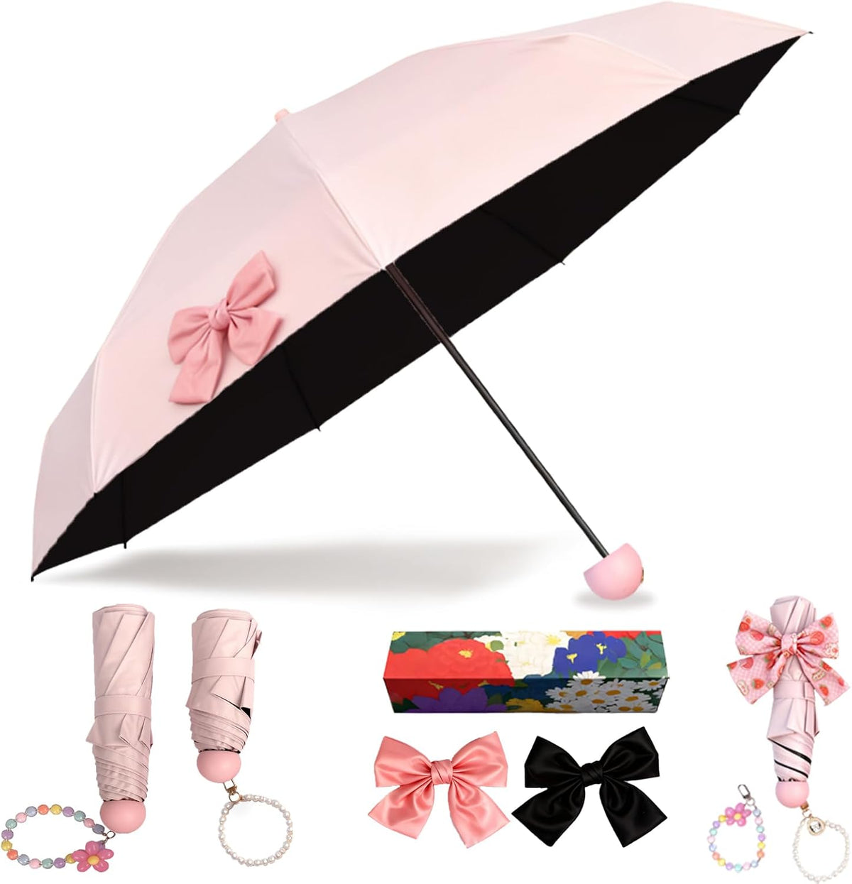 Pink Bow Umbrella,Mini Compact Windproof Folding Umbrella for Rain Wind, Portable UV Shade Sun Umbrella for Women teen