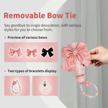 Pink Bow Umbrella,Mini Compact Windproof Folding Umbrella for Rain Wind, Portable UV Shade Sun Umbrella for Women teen