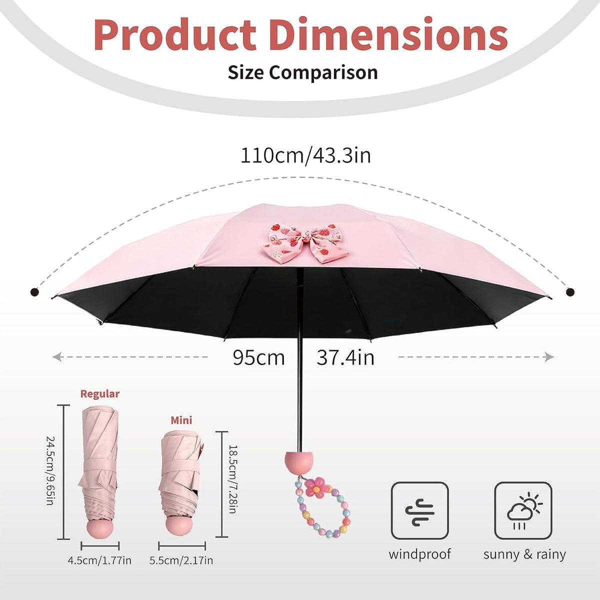 Pink Bow Umbrella,Mini Compact Windproof Folding Umbrella for Rain Wind, Portable UV Shade Sun Umbrella for Women teen
