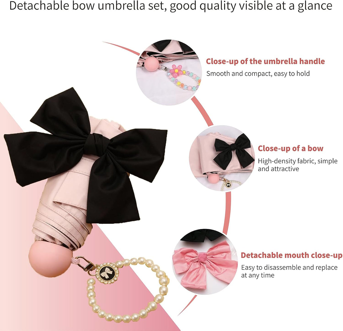 Pink Bow Umbrella,Mini Compact Windproof Folding Umbrella for Rain Wind, Portable UV Shade Sun Umbrella for Women teen