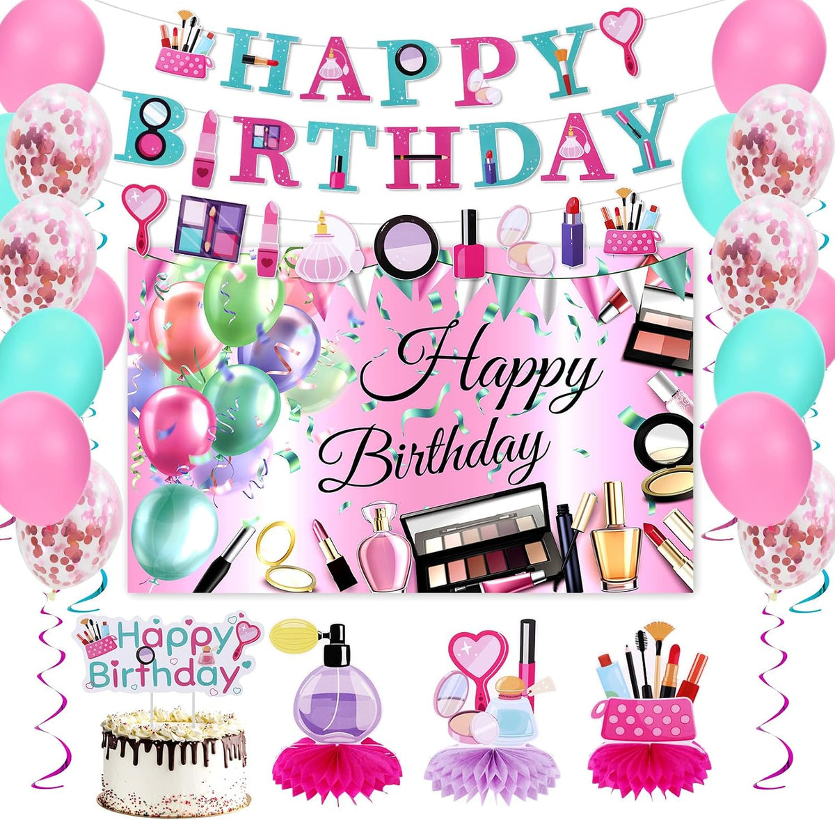 47 Pcs Spa Party Decorations Spa Birthday Party Supplies SPA Balloon Banner Backdrop Cake Topper Hanging swirls Centerpieces Night Sleepover Makeup Pajamas Birthday Decorations (Light Pink)