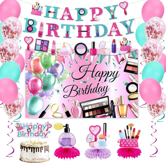 47 Pcs Spa Party Decorations Spa Birthday Party Supplies SPA Balloon Banner Backdrop Cake Topper Hanging swirls Centerpieces Night Sleepover Makeup Pajamas Birthday Decorations (Light Pink)