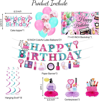 47 Pcs Spa Party Decorations Spa Birthday Party Supplies SPA Balloon Banner Backdrop Cake Topper Hanging swirls Centerpieces Night Sleepover Makeup Pajamas Birthday Decorations (Light Pink)