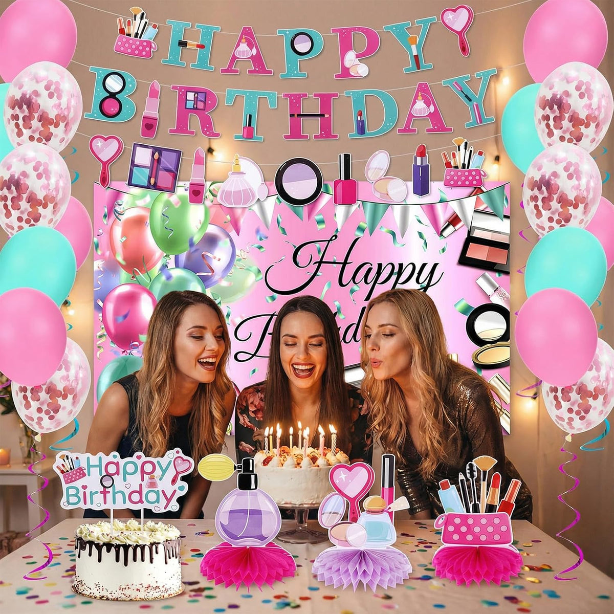 47 Pcs Spa Party Decorations Spa Birthday Party Supplies SPA Balloon Banner Backdrop Cake Topper Hanging swirls Centerpieces Night Sleepover Makeup Pajamas Birthday Decorations (Light Pink)