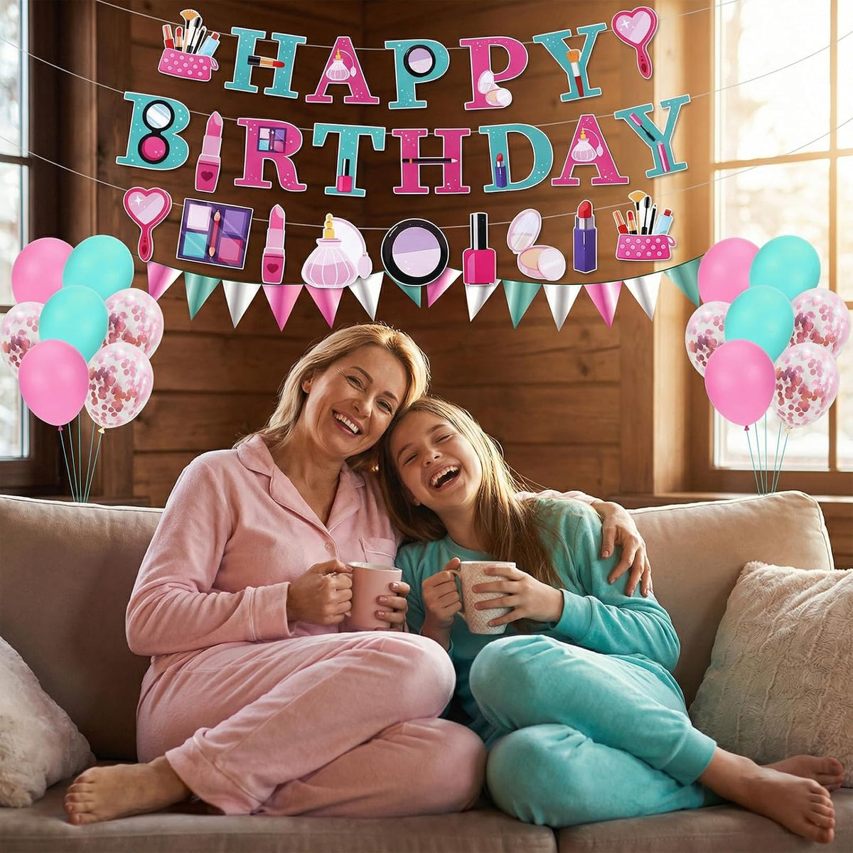 47 Pcs Spa Party Decorations Spa Birthday Party Supplies SPA Balloon Banner Backdrop Cake Topper Hanging swirls Centerpieces Night Sleepover Makeup Pajamas Birthday Decorations (Light Pink)