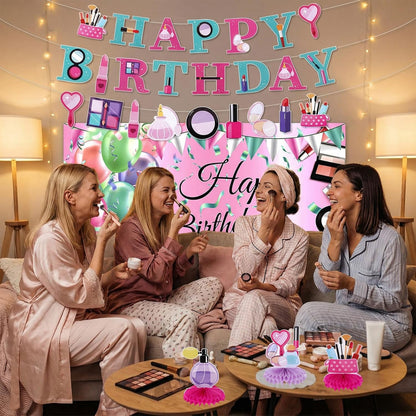47 Pcs Spa Party Decorations Spa Birthday Party Supplies SPA Balloon Banner Backdrop Cake Topper Hanging swirls Centerpieces Night Sleepover Makeup Pajamas Birthday Decorations (Light Pink)