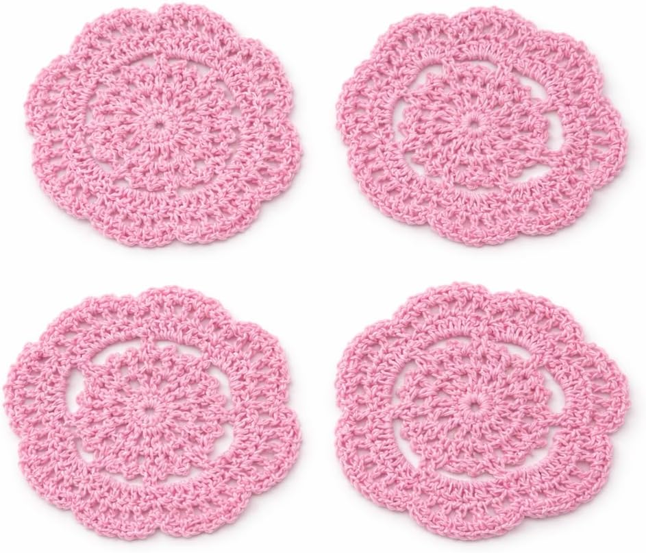 4Pcs 4" Cotton Crochet Doilies, Handmade Floral Lace Coasters & Woven Candle Mats for Table Wedding Party Decor, Pink