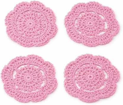 4Pcs 4" Cotton Crochet Doilies, Handmade Floral Lace Coasters & Woven Candle Mats for Table Wedding Party Decor, Pink