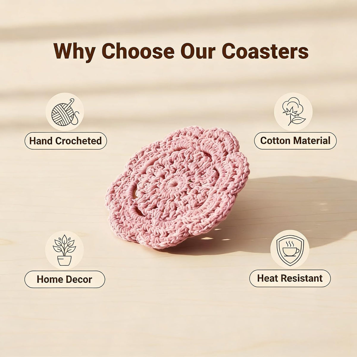 4Pcs 4" Cotton Crochet Doilies, Handmade Floral Lace Coasters & Woven Candle Mats for Table Wedding Party Decor, Pink