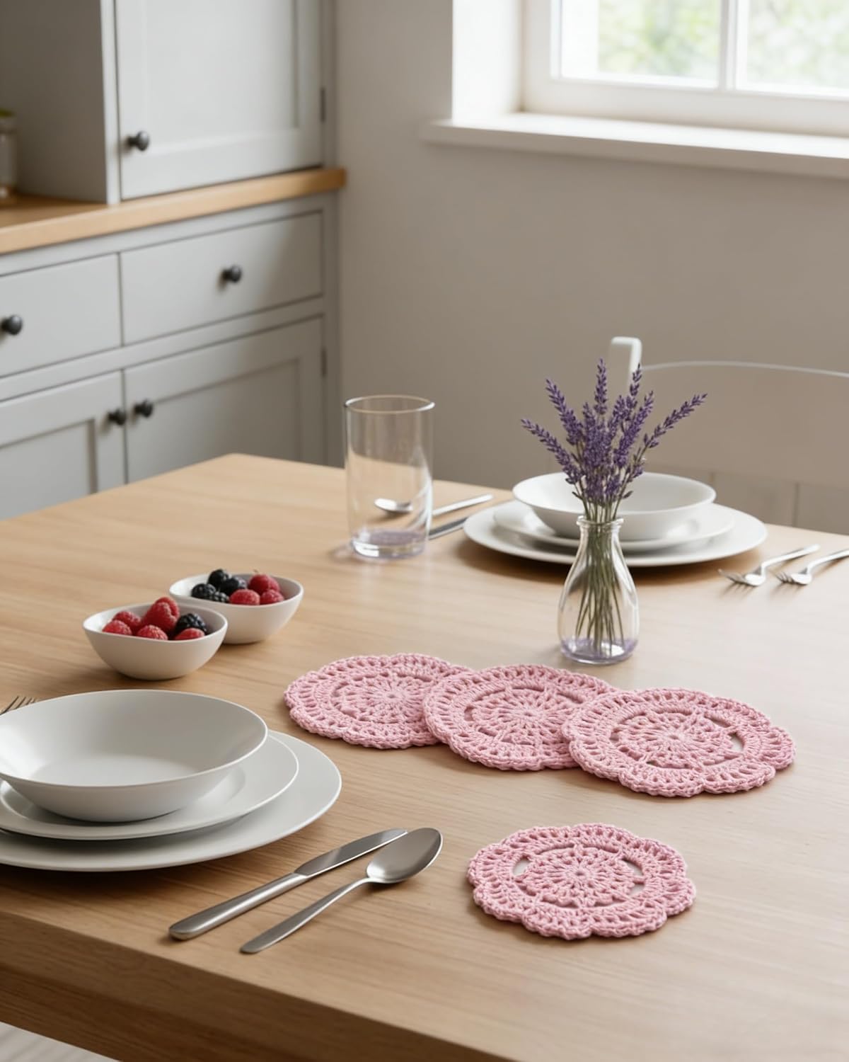 4Pcs 4" Cotton Crochet Doilies, Handmade Floral Lace Coasters & Woven Candle Mats for Table Wedding Party Decor, Pink