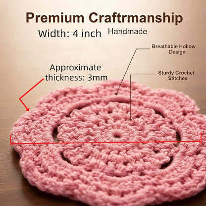 4Pcs 4" Cotton Crochet Doilies, Handmade Floral Lace Coasters & Woven Candle Mats for Table Wedding Party Decor, Pink