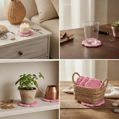 4Pcs 4" Cotton Crochet Doilies, Handmade Floral Lace Coasters & Woven Candle Mats for Table Wedding Party Decor, Pink