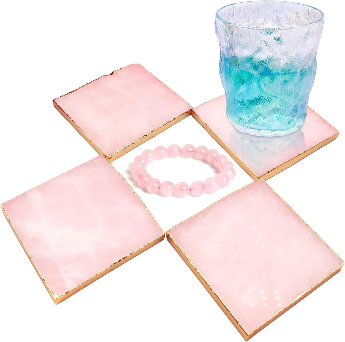 Rose Quartz Decor Coaster, Natural Pink Crystal Coasters Gold Edge Set of 4 (Square 3.5''-4)
