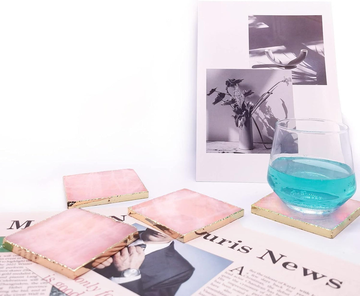 Rose Quartz Decor Coaster, Natural Pink Crystal Coasters Gold Edge Set of 4 (Square 3.5''-4)