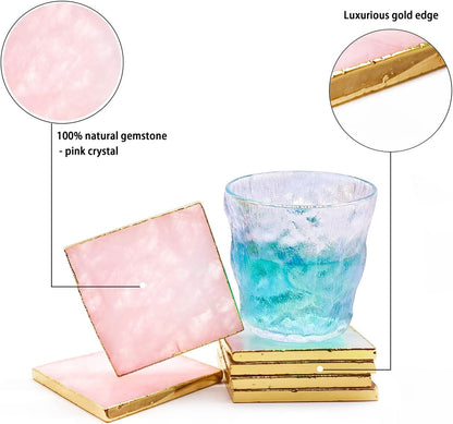 Rose Quartz Decor Coaster, Natural Pink Crystal Coasters Gold Edge Set of 4 (Square 3.5''-4)