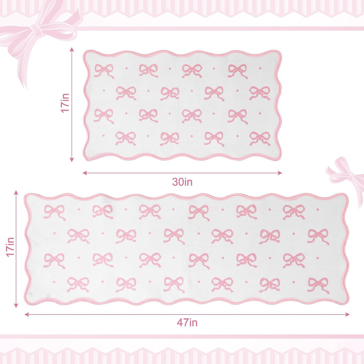 Pink Bow Kitchen Rug Mat Set of 2 Scalloped Cute Non Slip Short Plush Kitchen Rug Coquette Aesthetic Room Decor Preppy Carpet Mat for Office Floor Sink Laundry 17" x 30", 17" x 47"