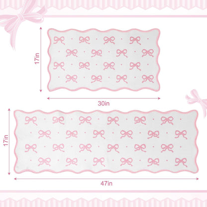 Pink Bow Kitchen Rug Mat Set of 2 Scalloped Cute Non Slip Short Plush Kitchen Rug Coquette Aesthetic Room Decor Preppy Carpet Mat for Office Floor Sink Laundry 17" x 30", 17" x 47"