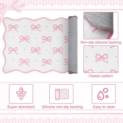 Pink Bow Kitchen Rug Mat Set of 2 Scalloped Cute Non Slip Short Plush Kitchen Rug Coquette Aesthetic Room Decor Preppy Carpet Mat for Office Floor Sink Laundry 17" x 30", 17" x 47"