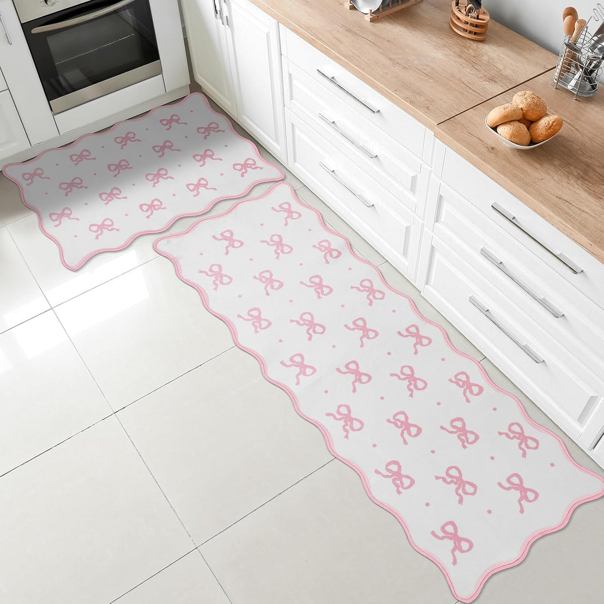 Pink Bow Kitchen Rug Mat Set of 2 Scalloped Cute Non Slip Short Plush Kitchen Rug Coquette Aesthetic Room Decor Preppy Carpet Mat for Office Floor Sink Laundry 17" x 30", 17" x 47"