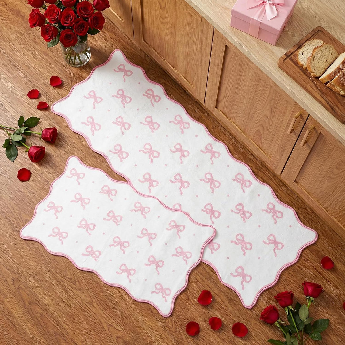 Pink Bow Kitchen Rug Mat Set of 2 Scalloped Cute Non Slip Short Plush Kitchen Rug Coquette Aesthetic Room Decor Preppy Carpet Mat for Office Floor Sink Laundry 17" x 30", 17" x 47"