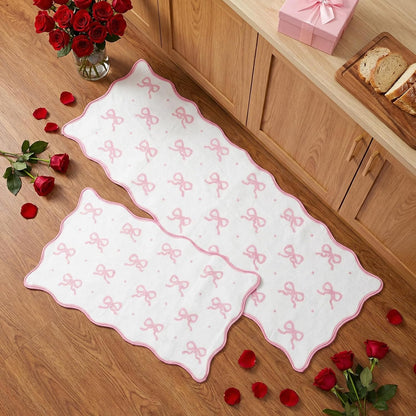 Pink Bow Kitchen Rug Mat Set of 2 Scalloped Cute Non Slip Short Plush Kitchen Rug Coquette Aesthetic Room Decor Preppy Carpet Mat for Office Floor Sink Laundry 17" x 30", 17" x 47"