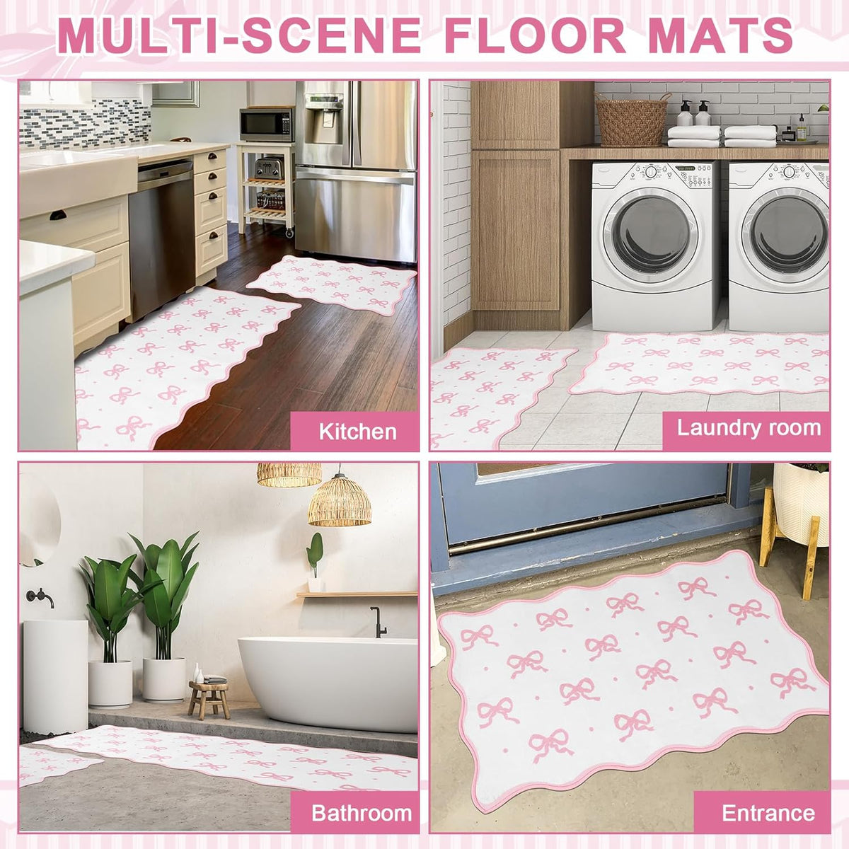 Pink Bow Kitchen Rug Mat Set of 2 Scalloped Cute Non Slip Short Plush Kitchen Rug Coquette Aesthetic Room Decor Preppy Carpet Mat for Office Floor Sink Laundry 17" x 30", 17" x 47"