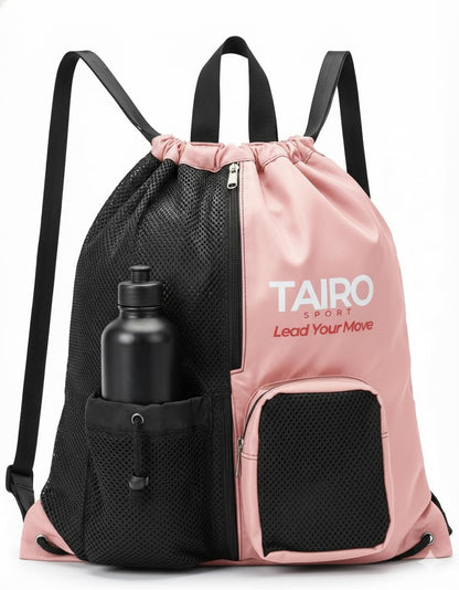 PINK | Sport Drawstring Backpack 20L Gym Sackpack String Bag with Mesh & Zipper Pockets, Reinforced Straps, Sports Backpack for Gym Travel Men Women Young Adults