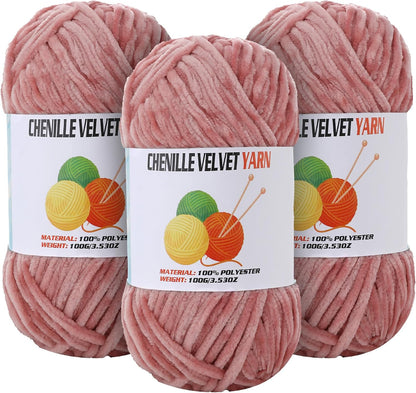 3 * 100g Velvet Chenille Chunky Yarn for Crocheting, Handcrafts Weaving Soft Chenille Yarn for Crocheting Clearance, Used for Making Baby Yarns Blanket, Clothes, Knitting Creations (Peach)