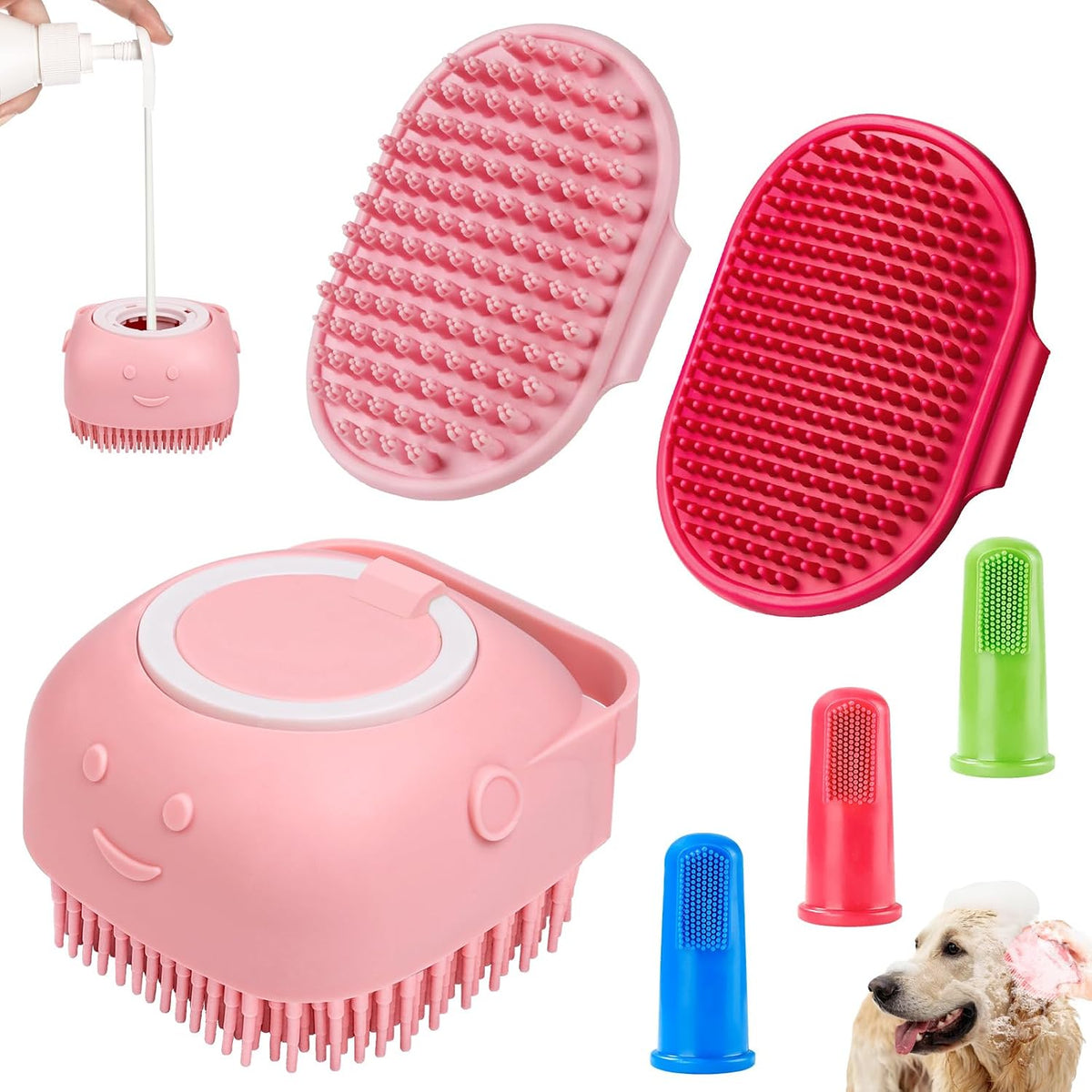 6PCS Dog Bath Brush & Dog Toothbrush | Adjustable Handle Shampoo Brush & Scrubber for Short & Long Haired Dogs & Cats | Effectively Solve Odor & Stain Removal Problems (Pink Red Pink)