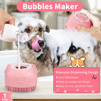 6PCS Dog Bath Brush & Dog Toothbrush | Adjustable Handle Shampoo Brush & Scrubber for Short & Long Haired Dogs & Cats | Effectively Solve Odor & Stain Removal Problems (Pink Red Pink)