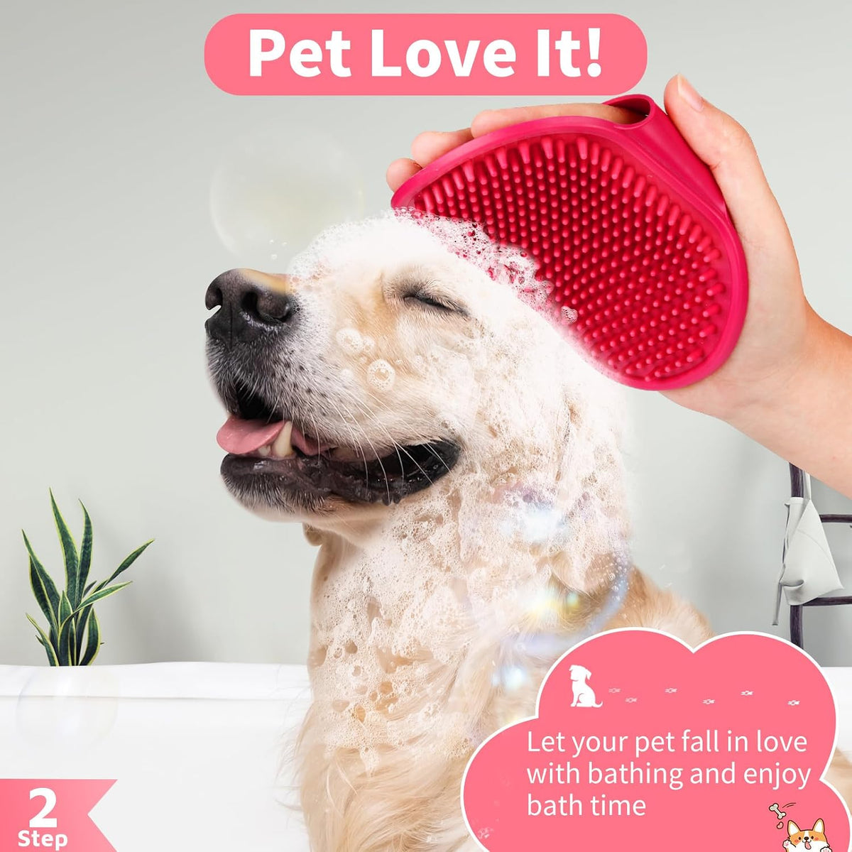 6PCS Dog Bath Brush & Dog Toothbrush | Adjustable Handle Shampoo Brush & Scrubber for Short & Long Haired Dogs & Cats | Effectively Solve Odor & Stain Removal Problems (Pink Red Pink)