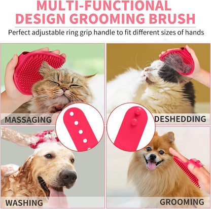 6PCS Dog Bath Brush & Dog Toothbrush | Adjustable Handle Shampoo Brush & Scrubber for Short & Long Haired Dogs & Cats | Effectively Solve Odor & Stain Removal Problems (Pink Red Pink)