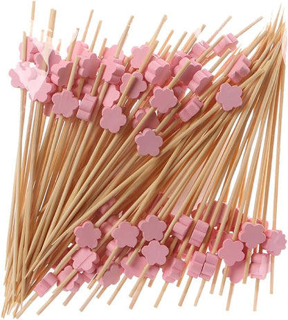 100 Pcs Wooden Cocktail Sticks Flower Fruit Toothpicks Decorative Sandwich Appetizer Picks Party Favor Food Picks Pink