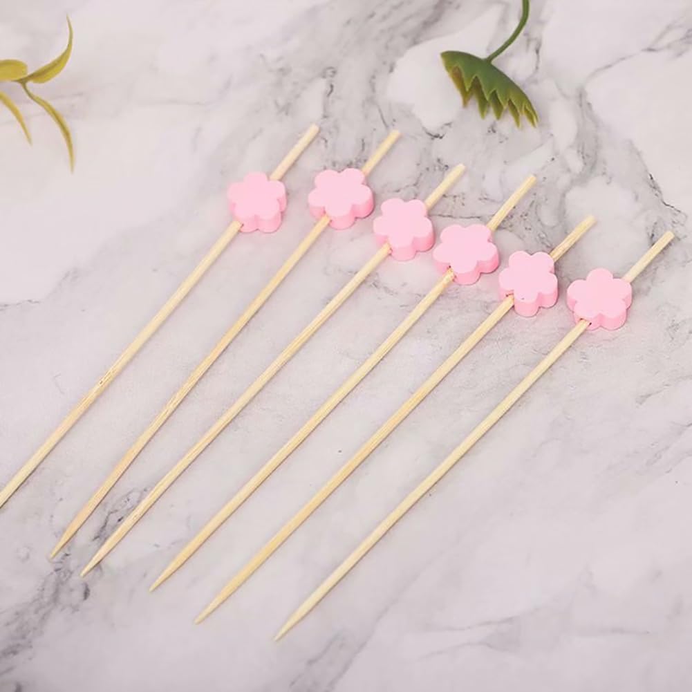 100 Pcs Wooden Cocktail Sticks Flower Fruit Toothpicks Decorative Sandwich Appetizer Picks Party Favor Food Picks Pink
