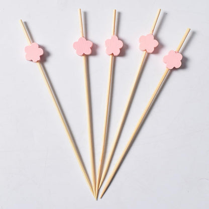 100 Pcs Wooden Cocktail Sticks Flower Fruit Toothpicks Decorative Sandwich Appetizer Picks Party Favor Food Picks Pink