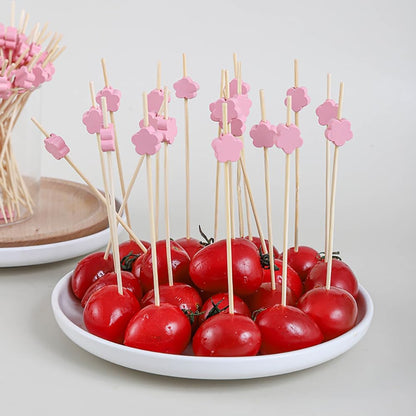 100 Pcs Wooden Cocktail Sticks Flower Fruit Toothpicks Decorative Sandwich Appetizer Picks Party Favor Food Picks Pink