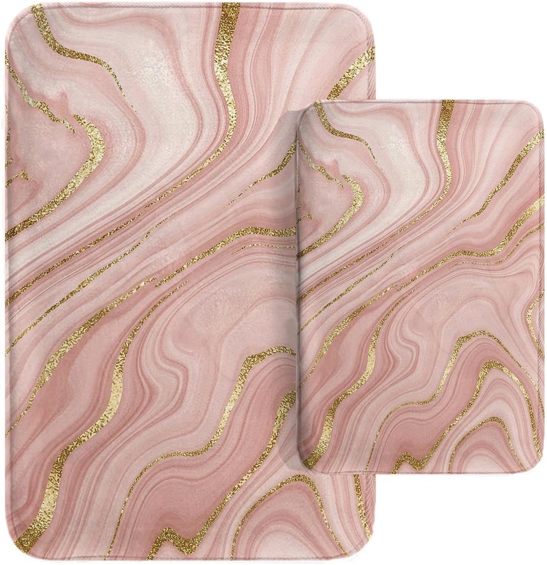 Bathroom Rug Mat Set of 2, 16x24 + 20x32 Inch, Marble Pink
