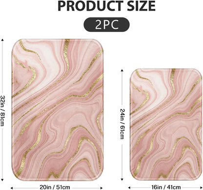 Bathroom Rug Mat Set of 2, 16x24 + 20x32 Inch, Marble Pink