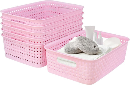 Plastic Storage Baskets, Small Pantry Baskets for Organizing, Woven Basket Organizer Basket Bins for Shelves, Organizer and Storage for Bathroom, Bedrooms, Kitchens (Pink 6pcs)