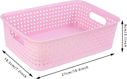 Plastic Storage Baskets, Small Pantry Baskets for Organizing, Woven Basket Organizer Basket Bins for Shelves, Organizer and Storage for Bathroom, Bedrooms, Kitchens (Pink 6pcs)