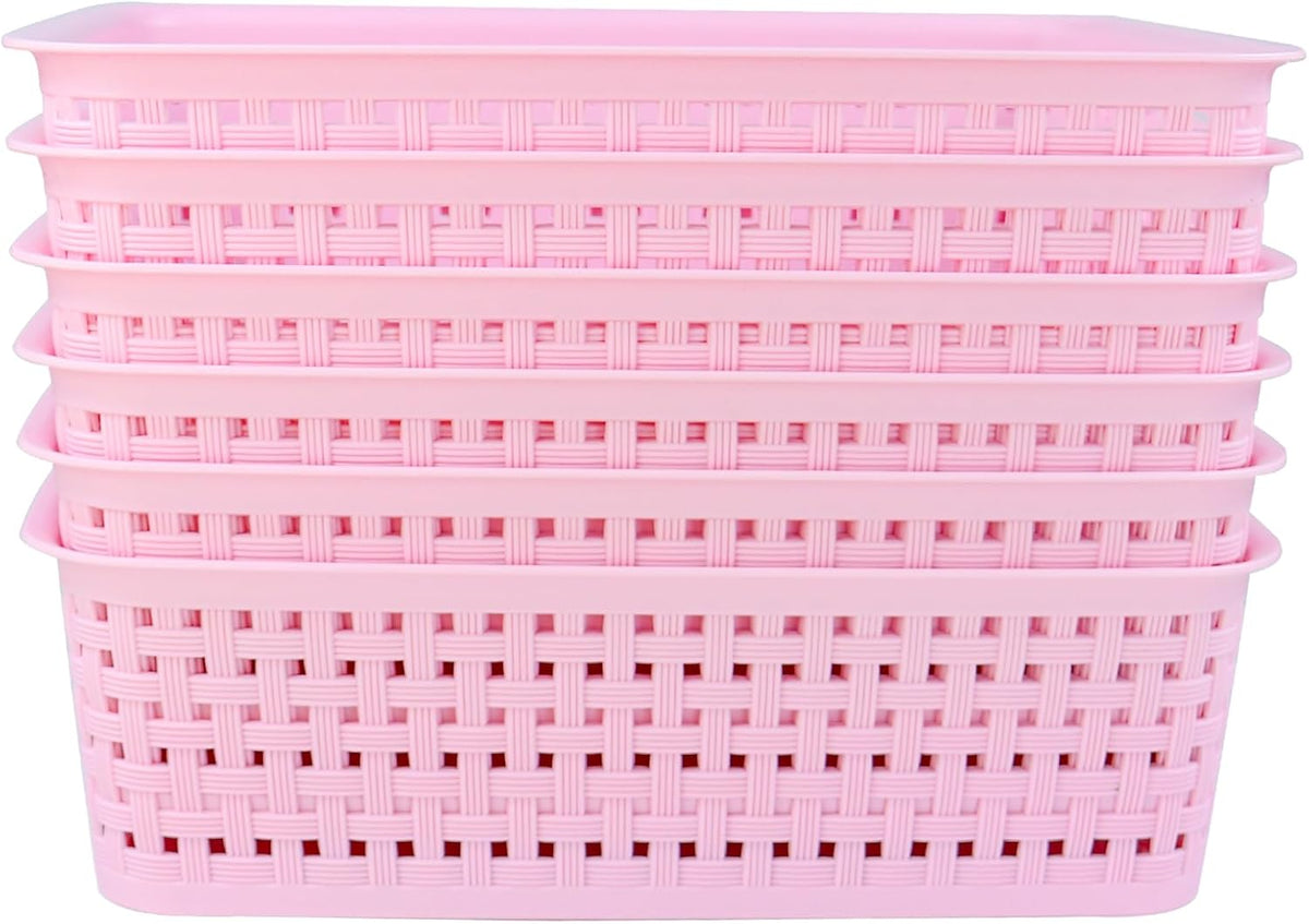 Plastic Storage Baskets, Small Pantry Baskets for Organizing, Woven Basket Organizer Basket Bins for Shelves, Organizer and Storage for Bathroom, Bedrooms, Kitchens (Pink 6pcs)