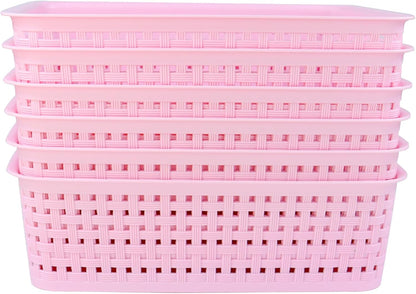 Plastic Storage Baskets, Small Pantry Baskets for Organizing, Woven Basket Organizer Basket Bins for Shelves, Organizer and Storage for Bathroom, Bedrooms, Kitchens (Pink 6pcs)