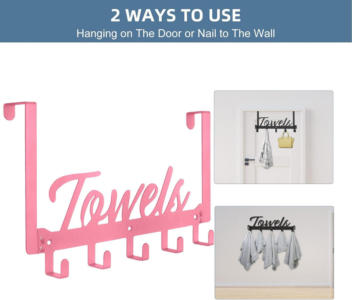 2 Pack Over The Door Hooks, Towel Rack for Bathroom, Over Door Hanger with 10 Coat Hooks for Bedroom Bathroom, Pink