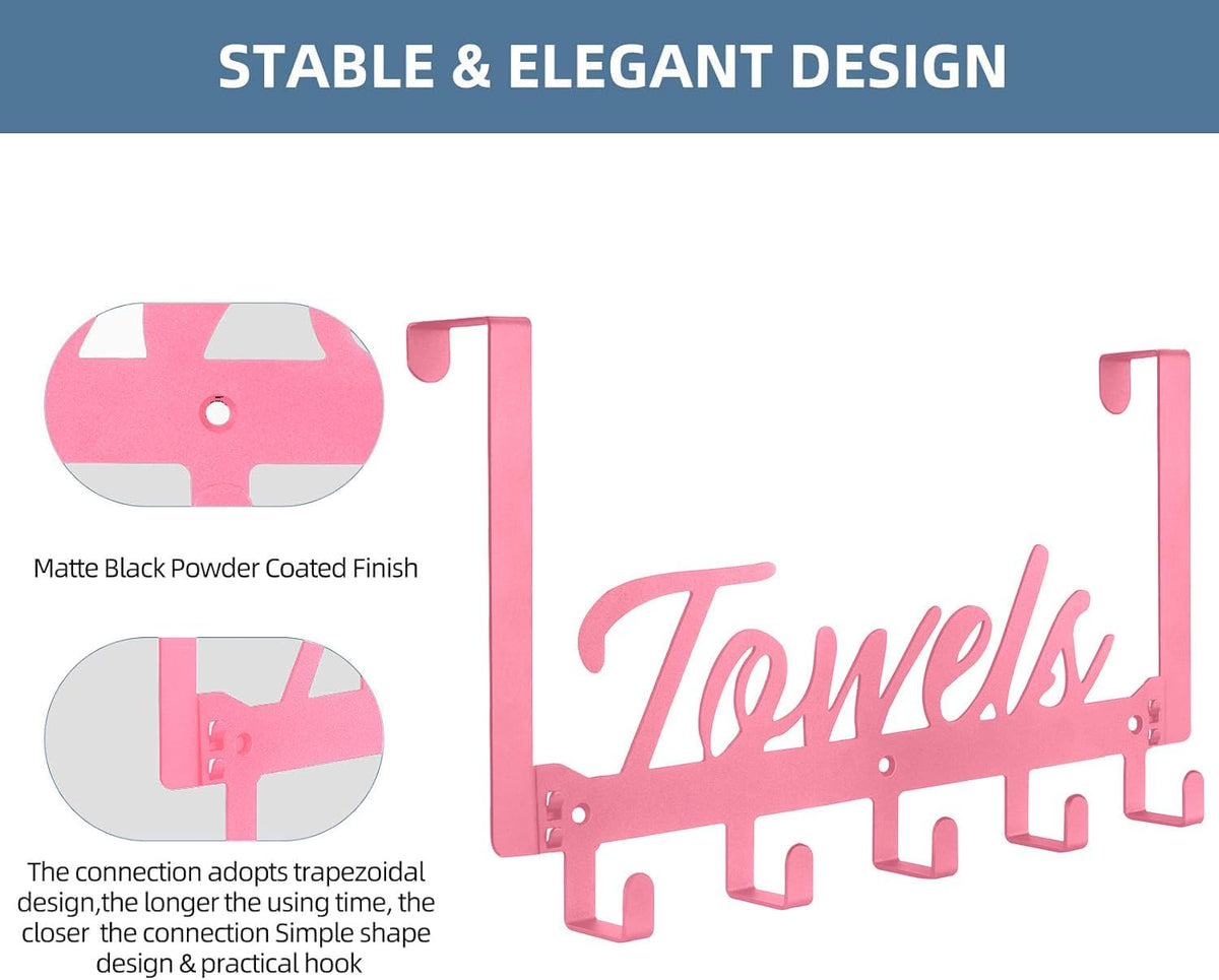 2 Pack Over The Door Hooks, Towel Rack for Bathroom, Over Door Hanger with 10 Coat Hooks for Bedroom Bathroom, Pink