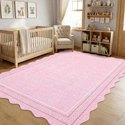Scalloped Washable 8 x 10 Rug for Living Room Non Slip, Pink