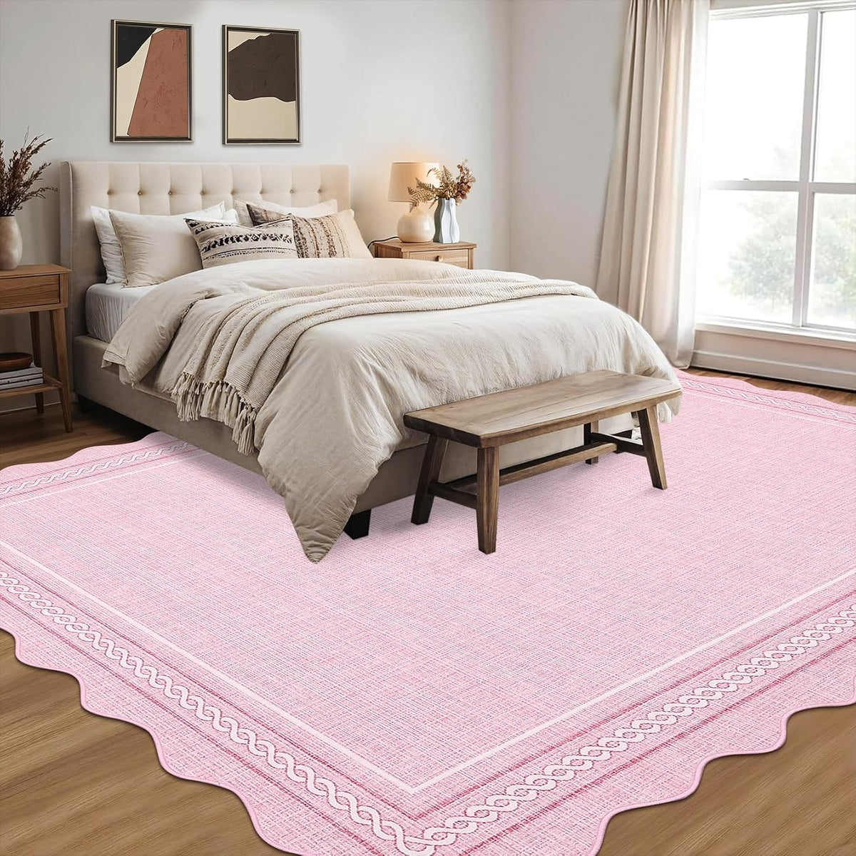 Scalloped Washable 8 x 10 Rug for Living Room Non Slip, Pink